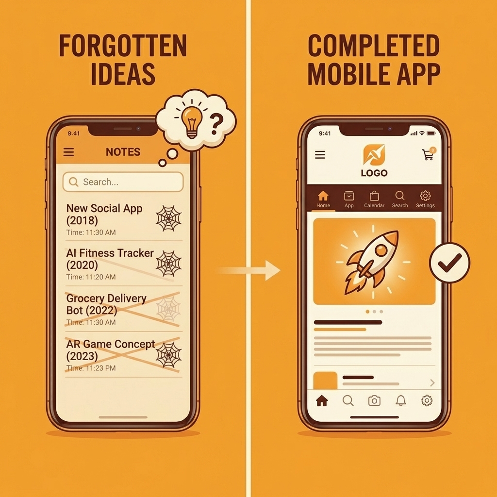 Left side shows a notes app with forgotten ideas, right side shows a completed mobile app